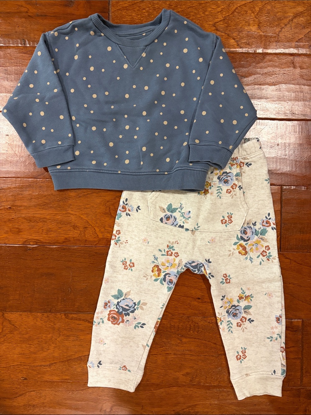 Toddler Floral Cream Joggers with Dusty Blue Polka Dot Sweatshirt